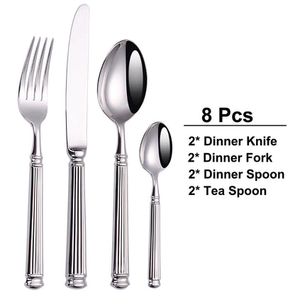 12/16/20 Pieces Sliver Tableware Set Stainless Steel Cutlery Elegant Dinnerware Vintage Knife Spoon Fork Set Kitchen Utensils