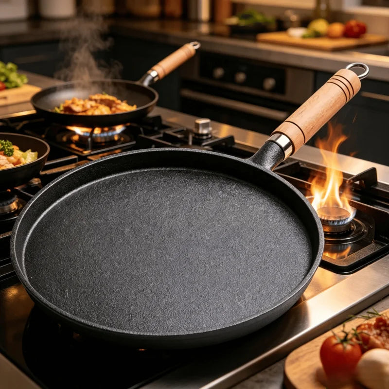 26cm Cast Iron Frying Pan, Uncoated Non-stick Crepe Maker Steak Pot for Gas Induction Cooker Kitchen