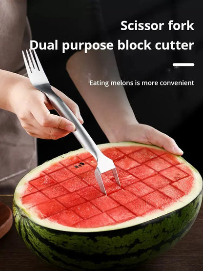 1pc Multi-purpose Portable 2In1 Watermelon Fork Slicer Watermelon Slicer Cutter Knife Stainless Steel Kitchen Fruit Cutting Fork
