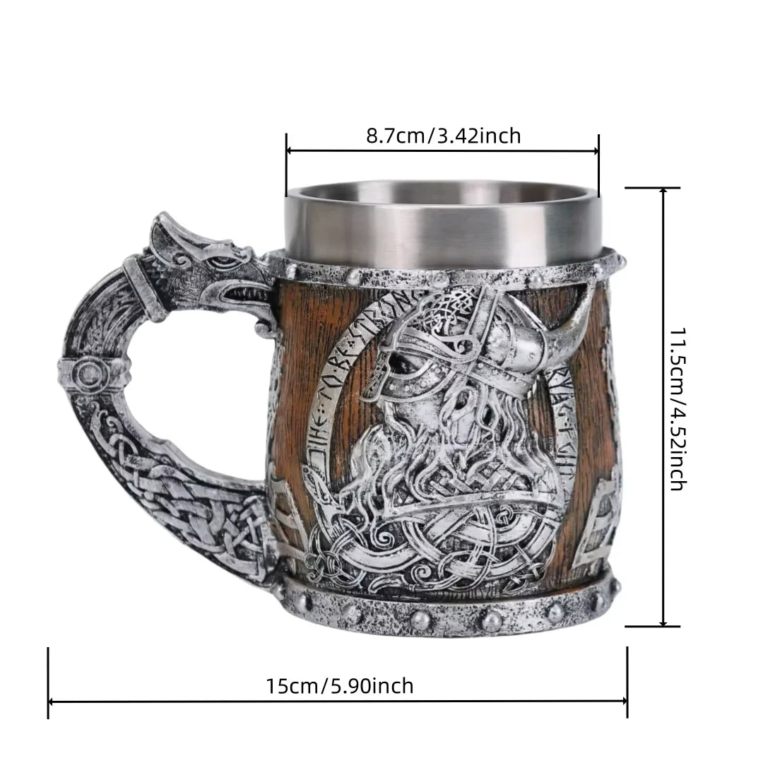 Viking Warrior Dragon Handle Beer Mug, Norse Rune Imitation Wood Resin Tankard with 304 Stainless Steel Liner