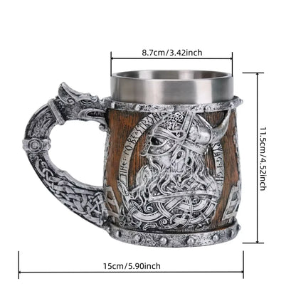 Viking Warrior Dragon Handle Beer Mug, Norse Rune Imitation Wood Resin Tankard with 304 Stainless Steel Liner