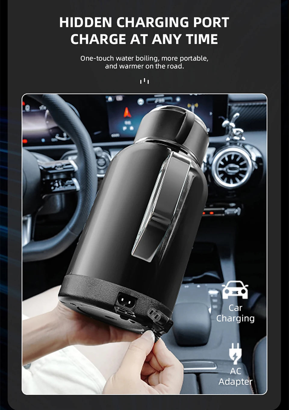 12V/24V Universal Car Kettle 1300ML/1500ML Large Capacity Smart Electric Water Heater LCD Display Temperature Control Stainless