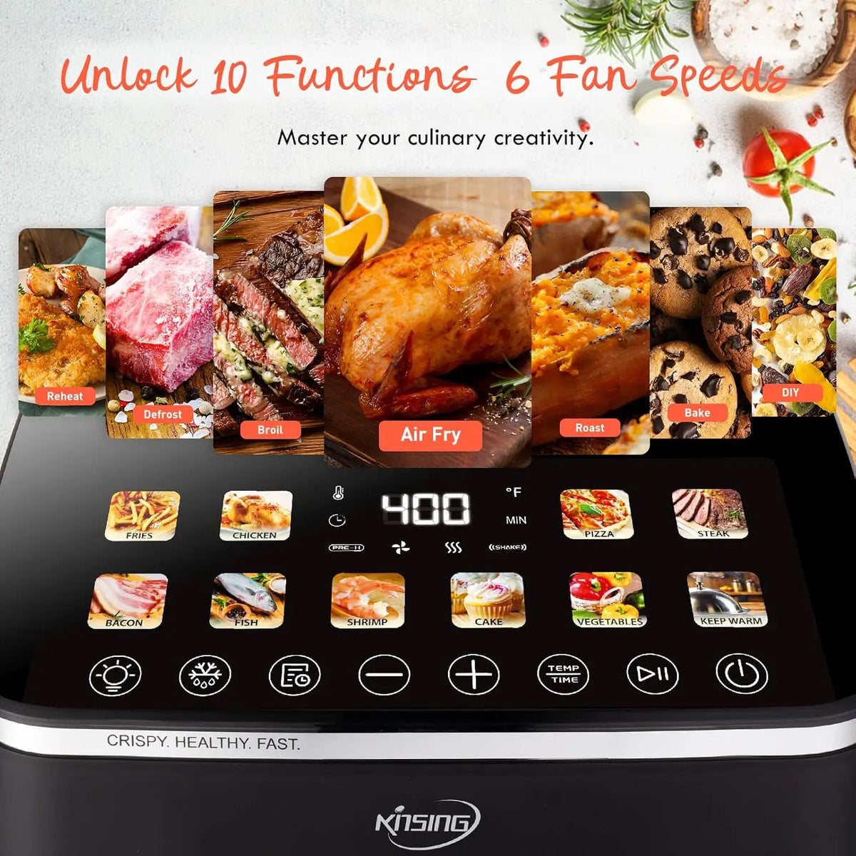 10.6QT XL Air Fryer, 9 Presets, Keep Warm, Stainless Steel, 400℉, Square Basket, Dishwasher Safe, Visible Window