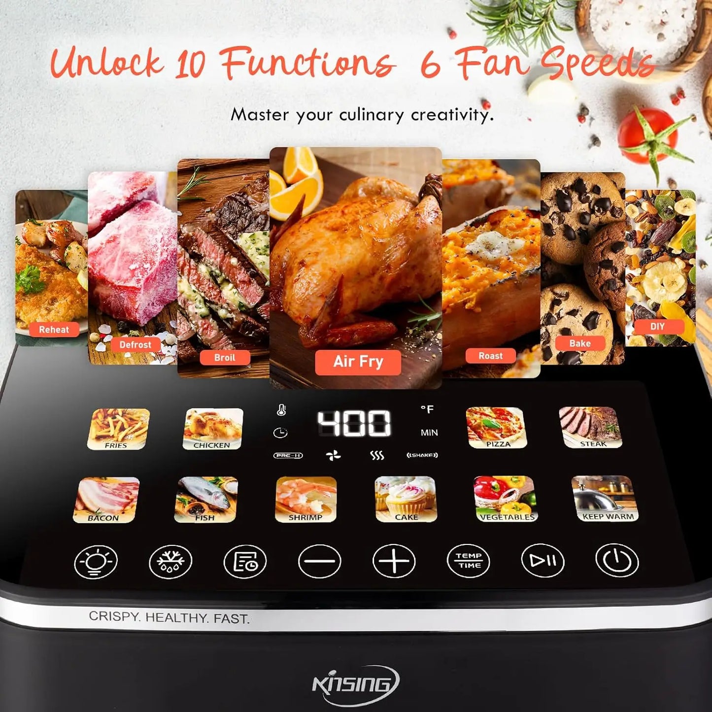 10.6QT XL Air Fryer, 9 Presets, Keep Warm, Stainless Steel, 400℉, Square Basket, Dishwasher Safe, Visible Window
