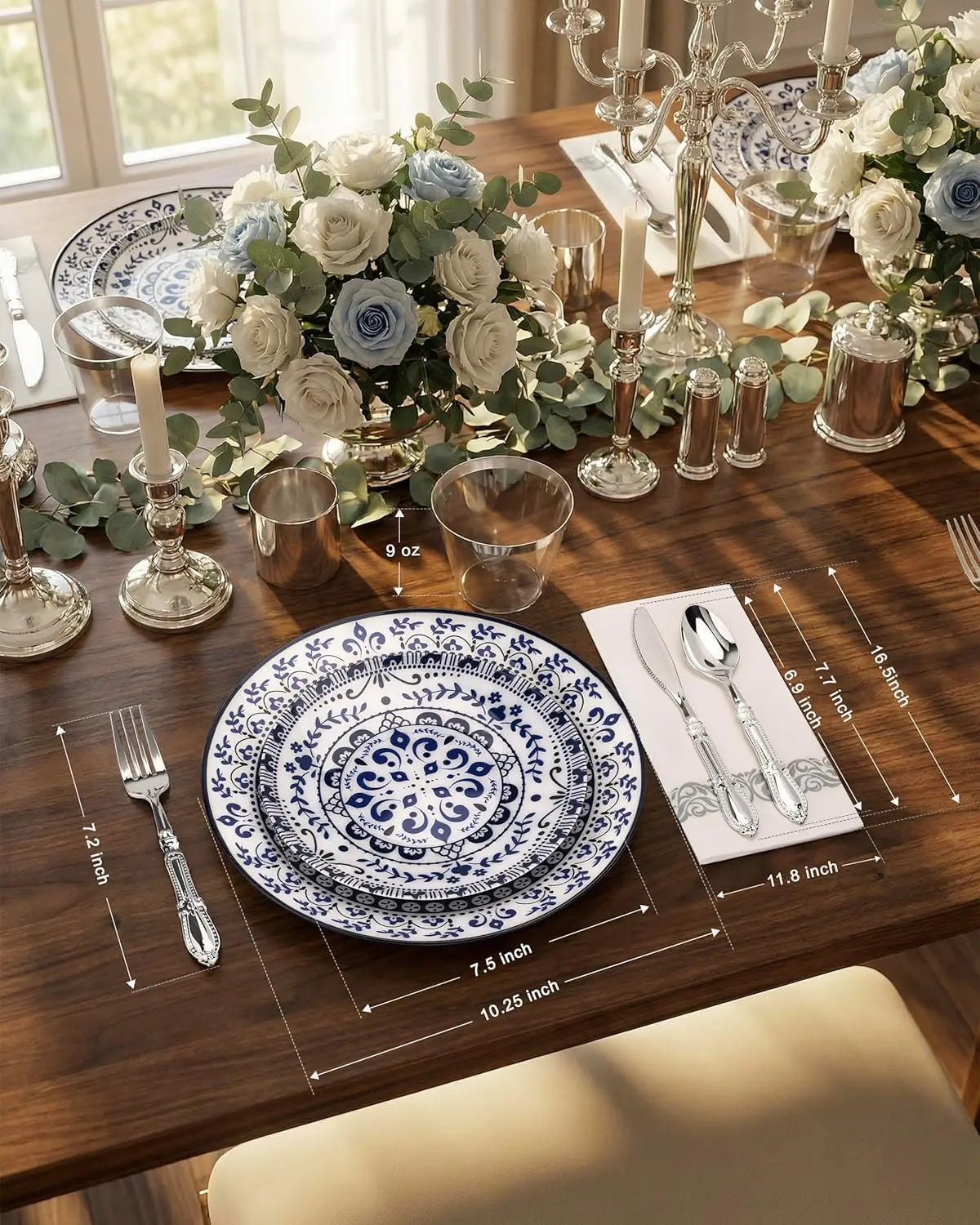 175PCS Blue Plastic Plates - Floral Disposable Dinnerware Set for 25 Guests, Include 50 Dinner & Dessert Plates, 75 Silver Cu
