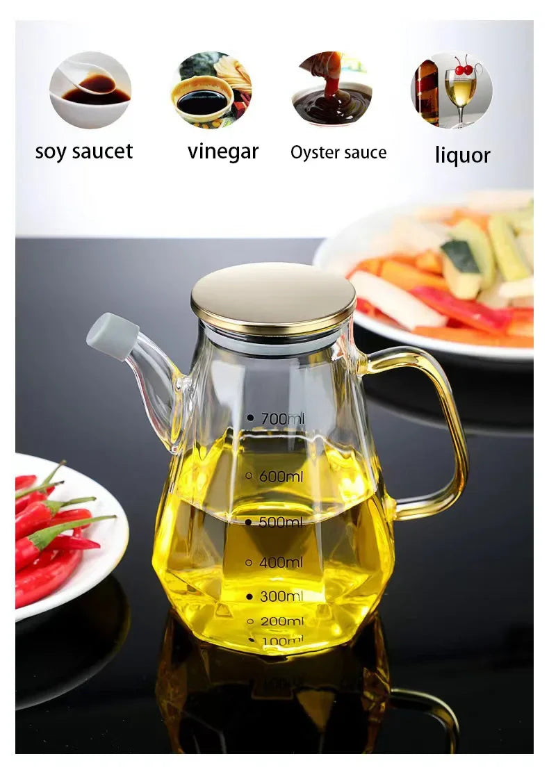 JUSTINLAU Glass Oil Pots 500/700/900ml Leak Proof Diamond Oil Bottle with Scale/Lid Kitchen Soy Sauce Vinegar Condiment Storage