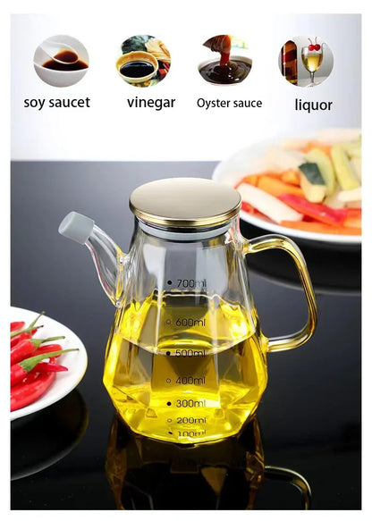 JUSTINLAU Glass Oil Pots 500/700/900ml Leak Proof Diamond Oil Bottle with Scale/Lid Kitchen Soy Sauce Vinegar Condiment Storage