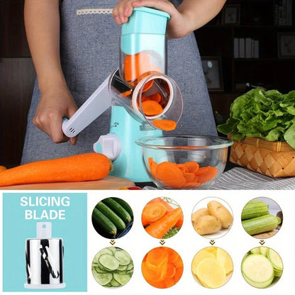 3-in-1 Rotary Cheese Grater & Vegetable Slicer - Food-Safe Plastic Kitchen Tool for Effortless Grating, Slicing - Easy Clean