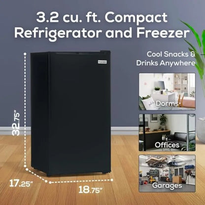 Mini fridge for homes, dorms offices: 3.2 cu.ft with freezer, stainless steel, silver, temperature control, glass shelves, comp