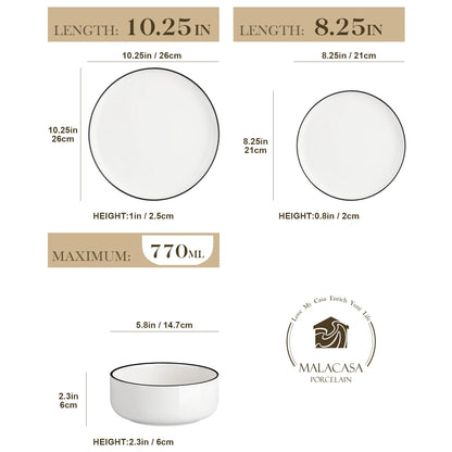 MALACASA 12/24 Piece Black Rim Ceramic Porcelain Dinnerware Set with 4/8 Pcs Dinner/Dessert Plates/Bowl Tableware Set for 4