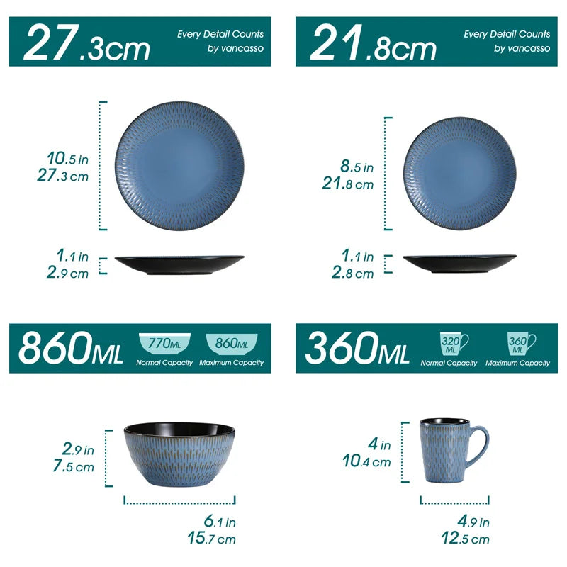 16Piece Blue Embossed Stoneware Tableware Set with Dinner/Dessert Plate/Soup Bowl/Mug Service for 4 Ceramic Tableware Set