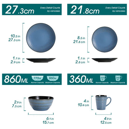 16Piece Blue Embossed Stoneware Tableware Set with Dinner/Dessert Plate/Soup Bowl/Mug Service for 4 Ceramic Tableware Set