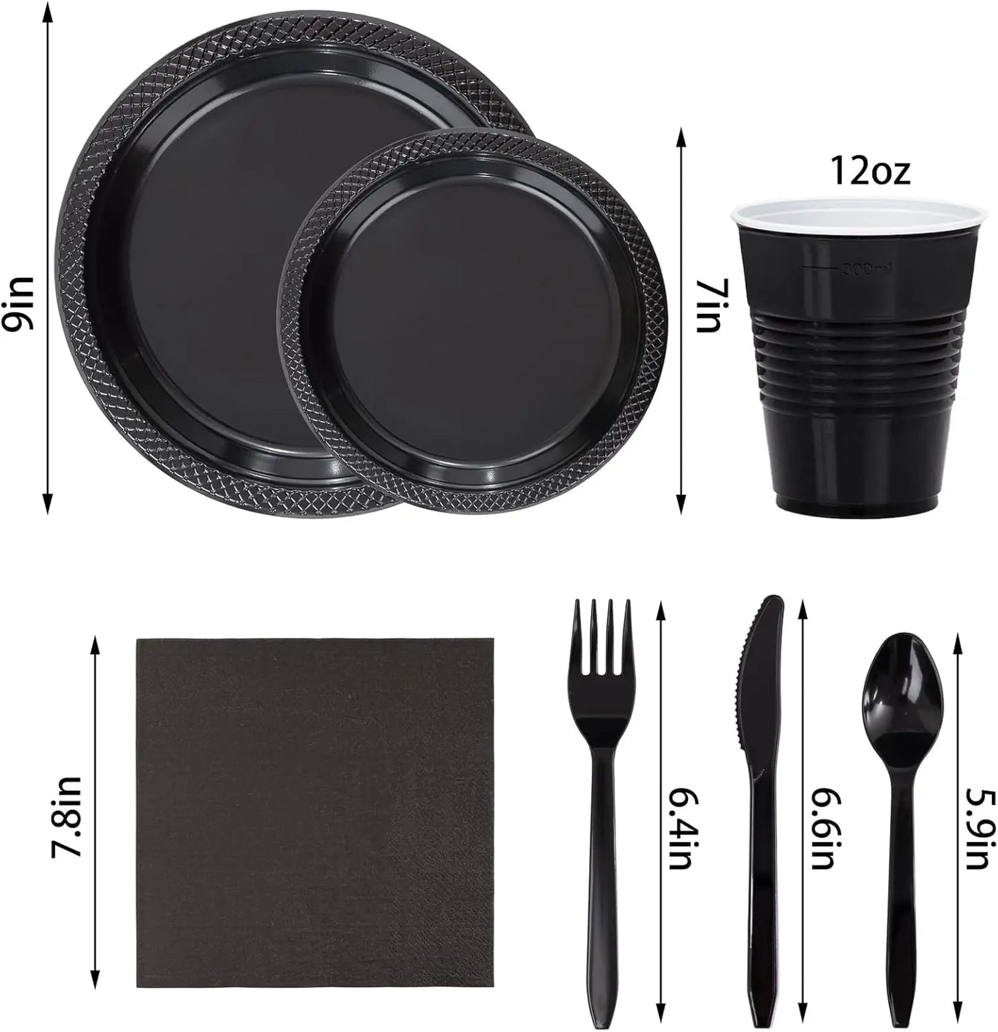 210 PCS Black Plastic Plates for 30 Guests - Disposable Dinnerware Set Including Dinner Plates, Dessert Plates, 12oz Cups, Cu
