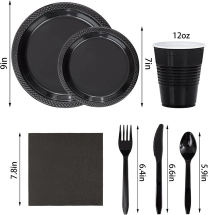 210 PCS Black Plastic Plates for 30 Guests - Disposable Dinnerware Set Including Dinner Plates, Dessert Plates, 12oz Cups, Cu