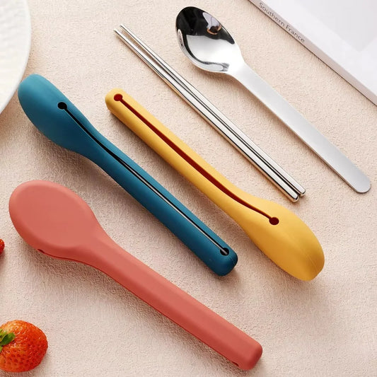 3pcs/set With Silicone Case Travel Cutlery Set Rust-proof Reusable Flatware Set 304 Stainless Steel Mirror Polished