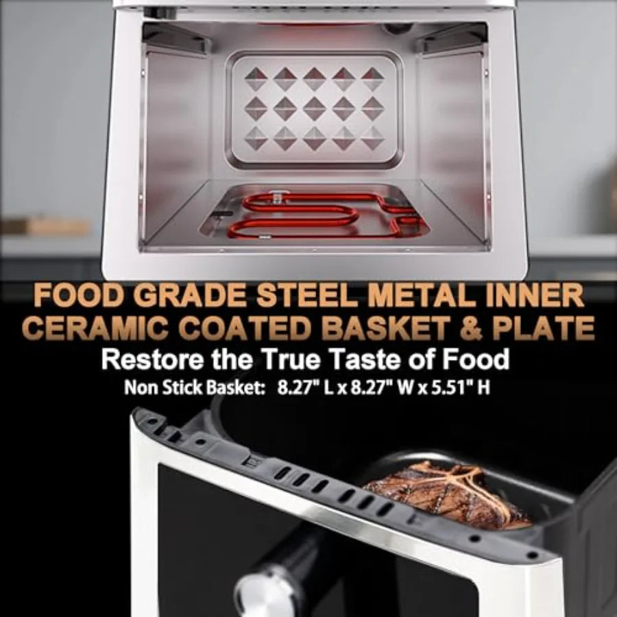 Stainless Steel Air Fryer for Kitchen Use, Silver, Ceramic Non-Stick Teflon-Free Coating, 12-in-1 Functionality with Dual Heati