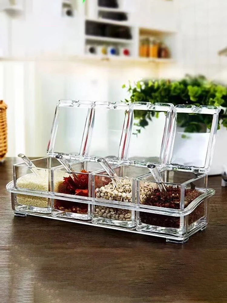 1PC Kitchen Spice Pot 4 Transparent Seasoning Boxes Storage Containers Seasoning Cans Acrylic Seasoning Boxes With Lids Spoons