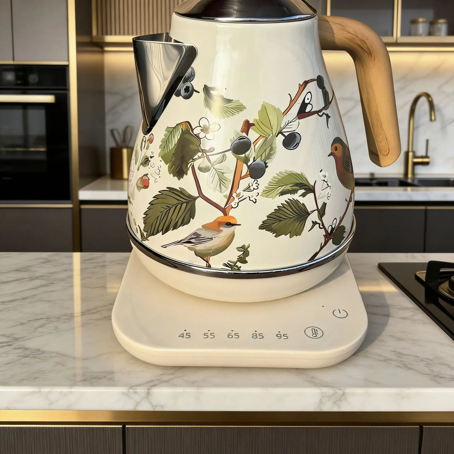 1.7L Retro Decal Electric Kettle Wood Grain Handle 304 Stainless Steel Temperature Control Teapot Home Auto Keep Warm Kettle