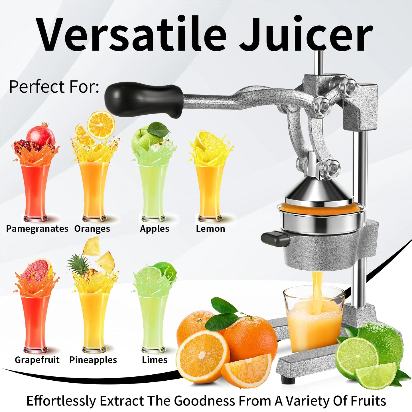 Lightweight stainless steel manual citrus juicer, commercial hand-operated fruit juicer, non-electric portable juicer, suitable for oranges, lemons, pomegranates and other fruits, ideal for home kitchens, bars and restaurants