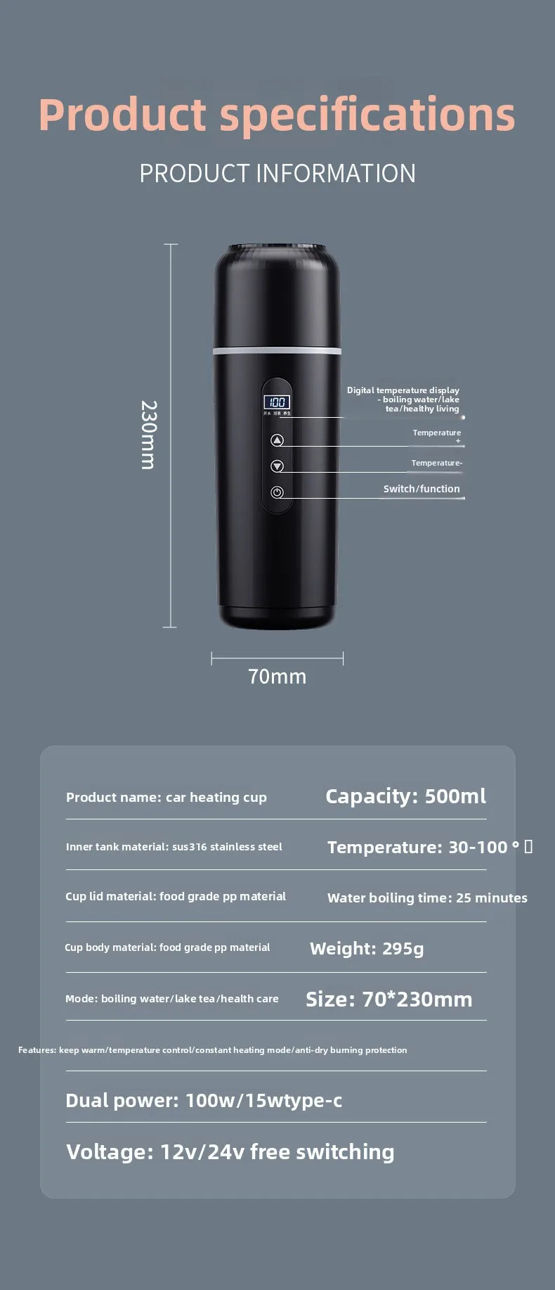 Durable Car Boiling Cup  12v24v Universal Usb Thermal Insulation Integrated Size Truck Heating Boiling Cup