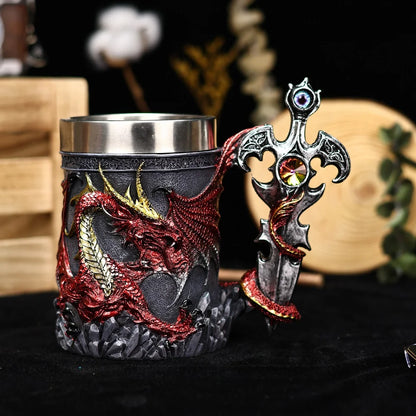 Medieval Dragon Sword Coffee Mug Stainless Steel Resin Insert Beer Mugs Steins Tankard Dragon Themed Party Decor Friends Gift