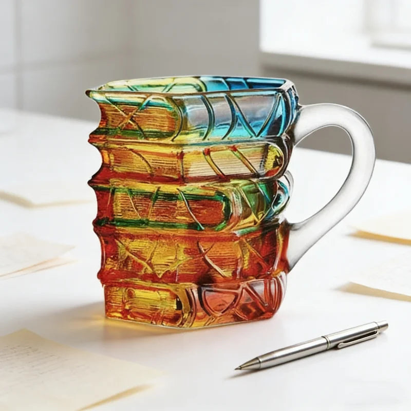 JUSTINLAU Irregular Painted Book Mug Coffee Cup High Borosilicate Glass Drinking Cup with Handle Book Cup Beer Mug Breakfast Cup