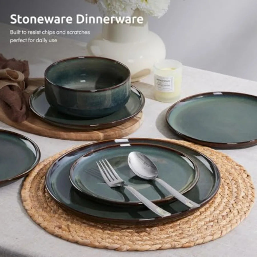 6-Piece Plates and Bowls Set Stoneware Dinnerware Sets for 2 Ceramic Dishes Reactive Glaze Dinning Ware Microwave and Dishwashe