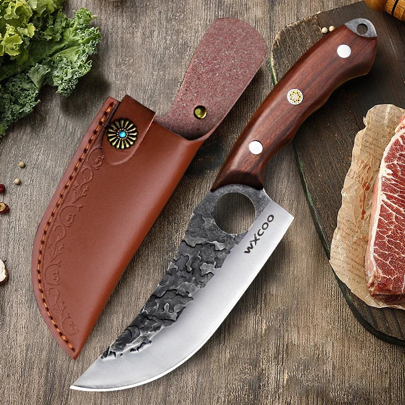 WXCOO Multifunctional Hand Forged Butcher Knife Kitchen Knife Durable Blade for BBQ Meat Cutting Boning Knife Wooden Handle