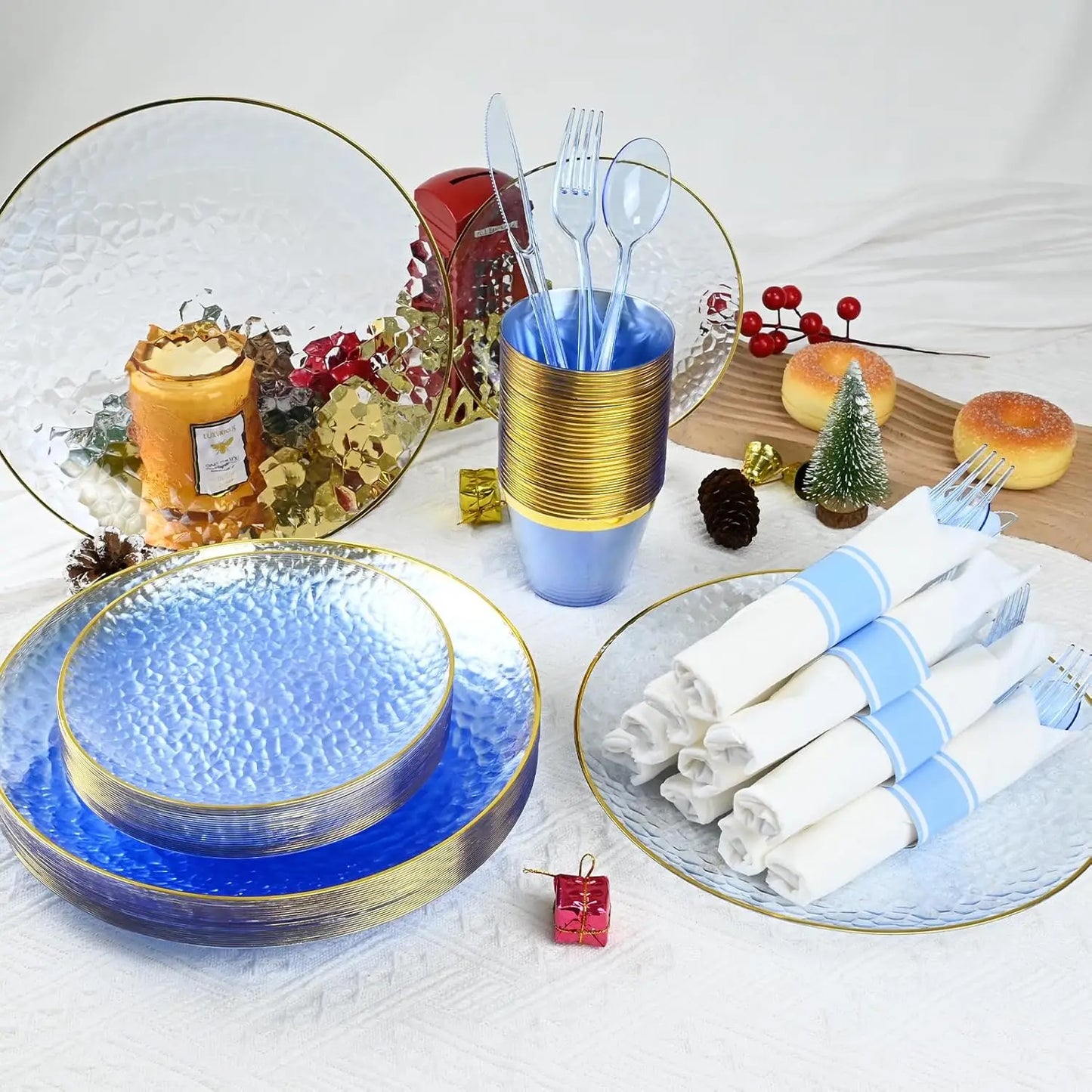 175PCS Gold and Blue Plastic Dinnerware Set – Clear Blue Disposable Plate with Gold Rim Include Dinner Plates, Dessert Plate