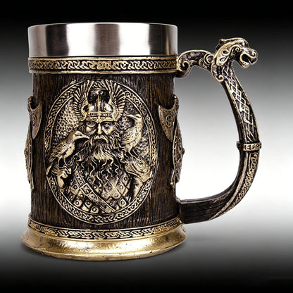 Norse Mythology Odin Thor Mug Tankard 304 Stainless Steel Resin 3D Retro Beer Stein Birthday God of War Lover Gift 600ml 20 oz