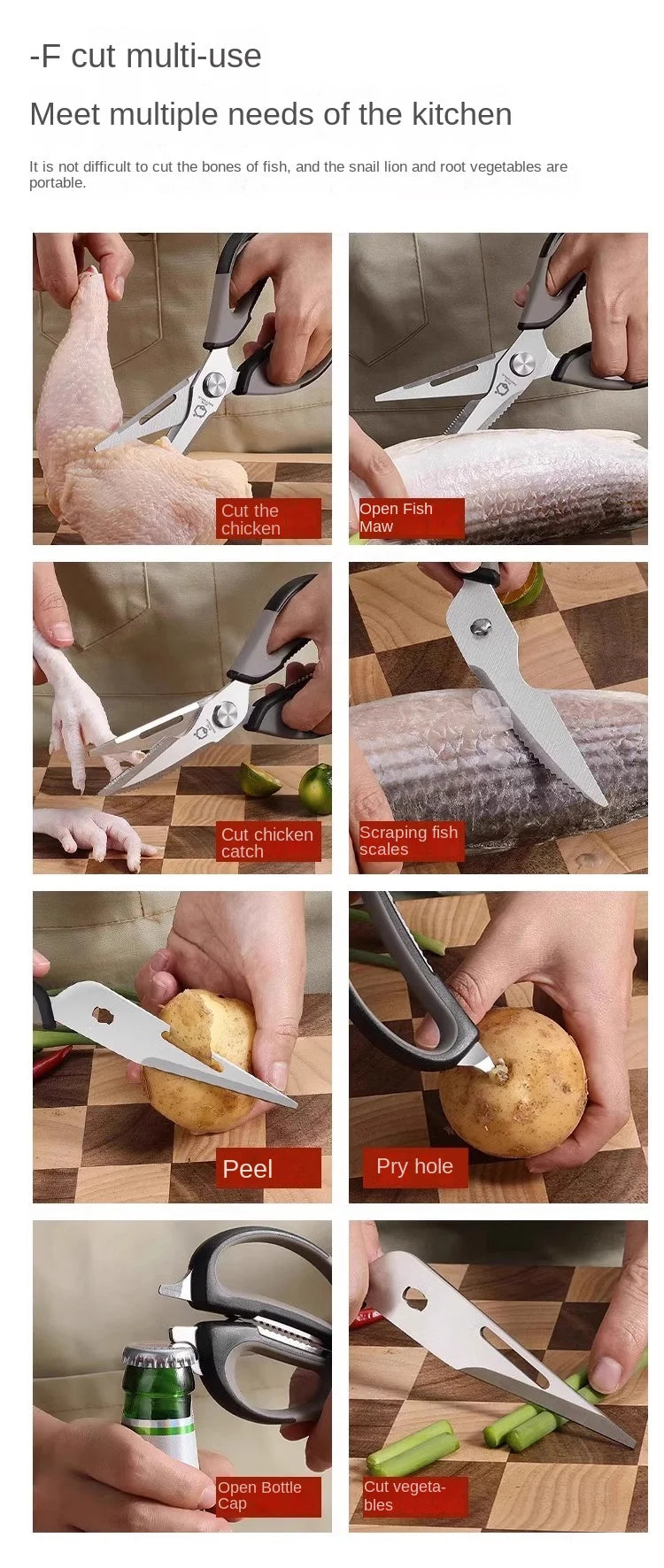 All-Powerful Kitchen Scissors 5-in-1 Multi-Tool: Cuts Bones Opens Bottles Cracks Nuts Stainless Steel Heavy Duty Shears for Home