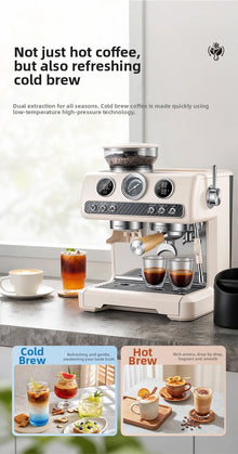 Semi-Automatic Espresso Coffee Machine, Dual Pump Cold & Hot Brew, Built-in Grinder, High Pressure 20 Bar, Compact Home Espresso
