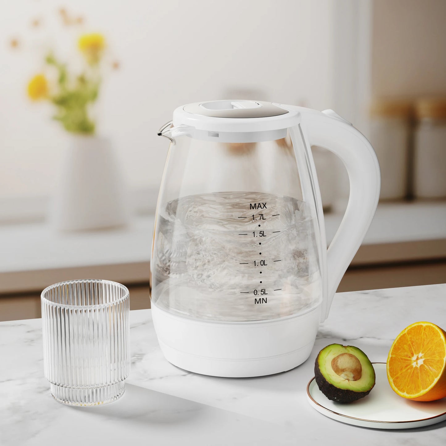 Electric Kettle with Water Dispenser - 1.7L Elegant Glass Tea Pot, 1200W Fast Boiling, LED Indicator, Auto-Shutoff