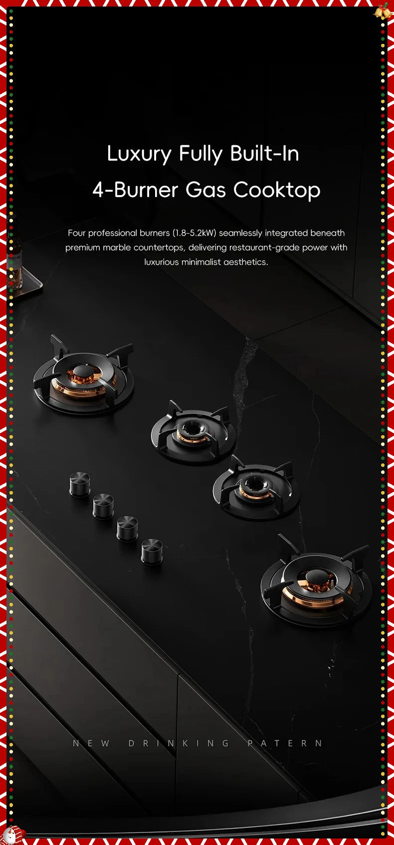 Hidden Built-in 4-Burner Gas Stove, Home Kitchen Range, Seamless Countertop Installation, Gas Cooktop for Residential Use