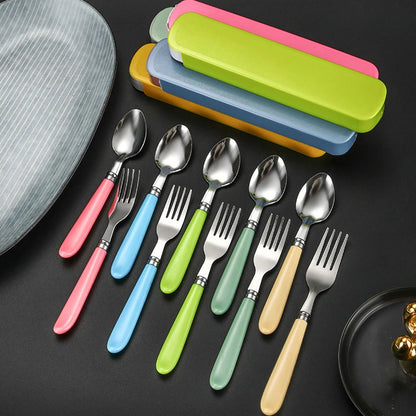 2Pcs/Set Portable Spoon Fork Combination Travel Tableware Set Stainless Steel Dinnerware With Box For Kid School Cutlery
