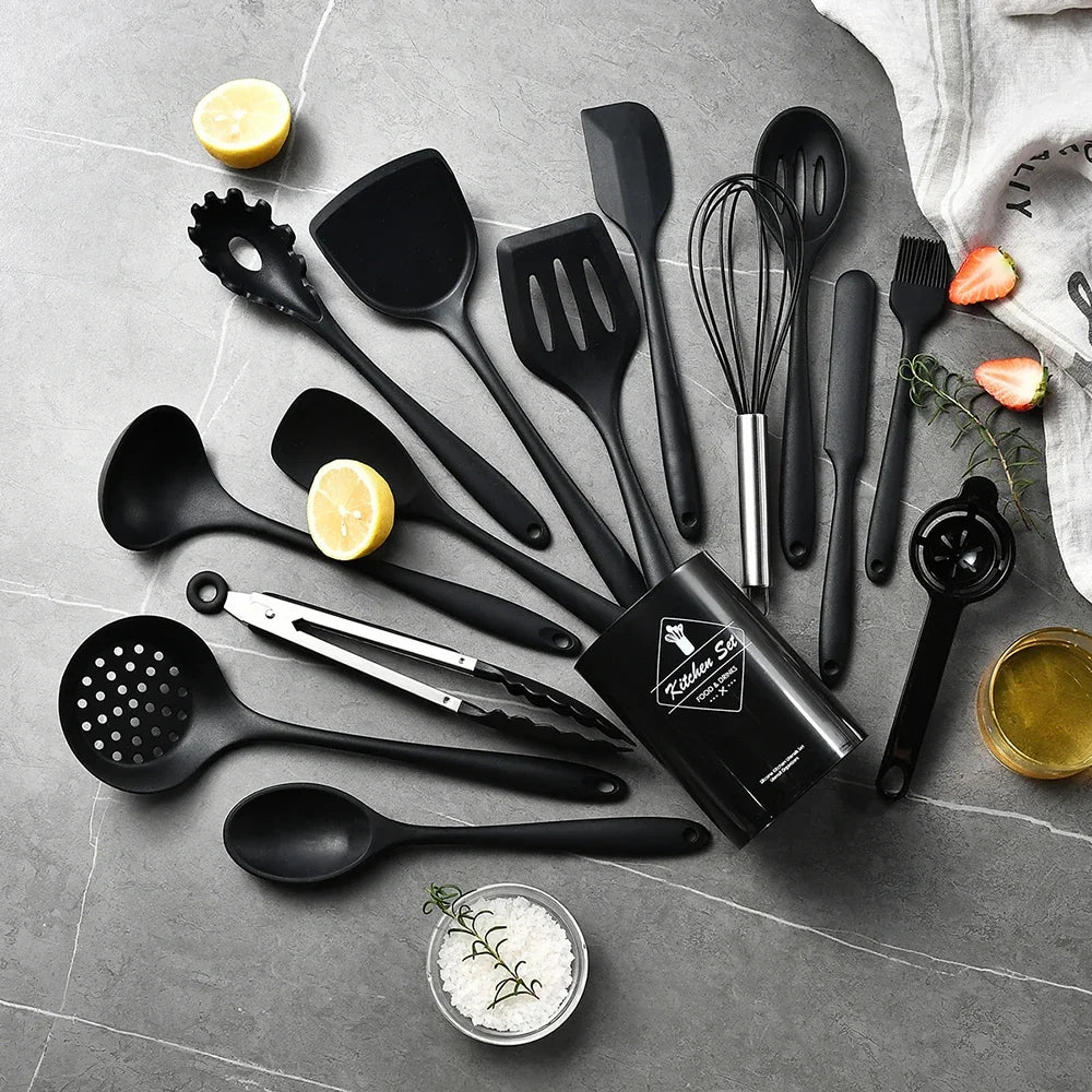 15Pcs Khaki Food Grade Silicone Kitchen Cookware Utensils Turner Spatula Soup Spoon Practical Cooking Tool Kitchenware Set