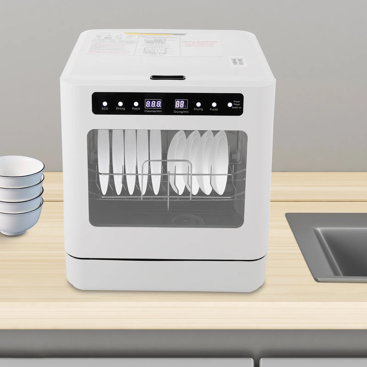 Portable Mini Countertop Dishwasher 39*43*46cm/15.35*16.92*18.11in- US Standard Household Energy-Saving Efficient with LED Display Bowl Rack Chopsticks Rack