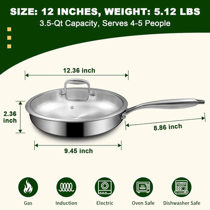 12-Inch Stainless Steel Frying Pan with Lid, Induction-Ready, Oven & Dishwasher Safe for All Cooktops