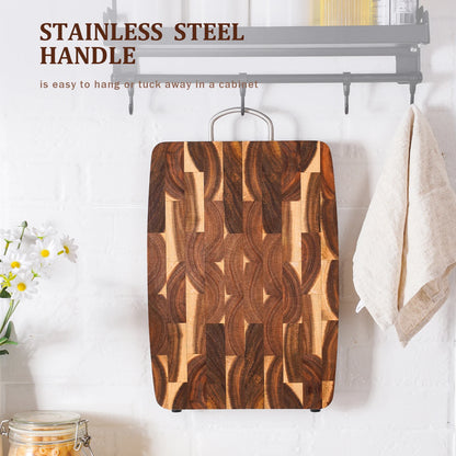 End Grain Butcher Block Premium Acacia Wood Cutting Board Chopping Board for Kitchen with Handle