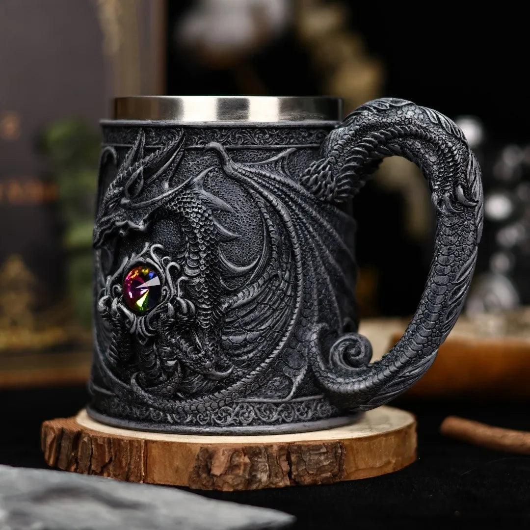 Retro Dragon Resin Hand Painted Stainless Steel Beer Mug Coffee Cup Gem Creative Design Tea Cup Bar Decoration Collection Gift