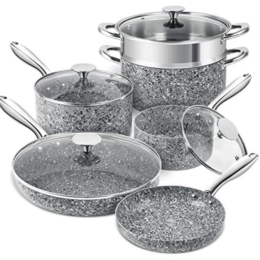 Stone Cookware Set 10 Piece Ultra Nonstick Pots and Pans with Stone-Derived Coating for Kitchen Use Granite Finish Black and Si