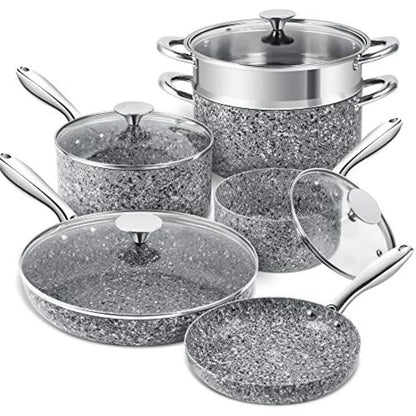 Stone Cookware Set 10 Piece Ultra Nonstick Pots and Pans with Stone-Derived Coating for Kitchen Use Granite Finish Black and Si