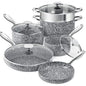 Stone Cookware Set 10 Piece Ultra Nonstick Pots and Pans with Stone-Derived Coating for Kitchen Use Granite Finish Black and Si
