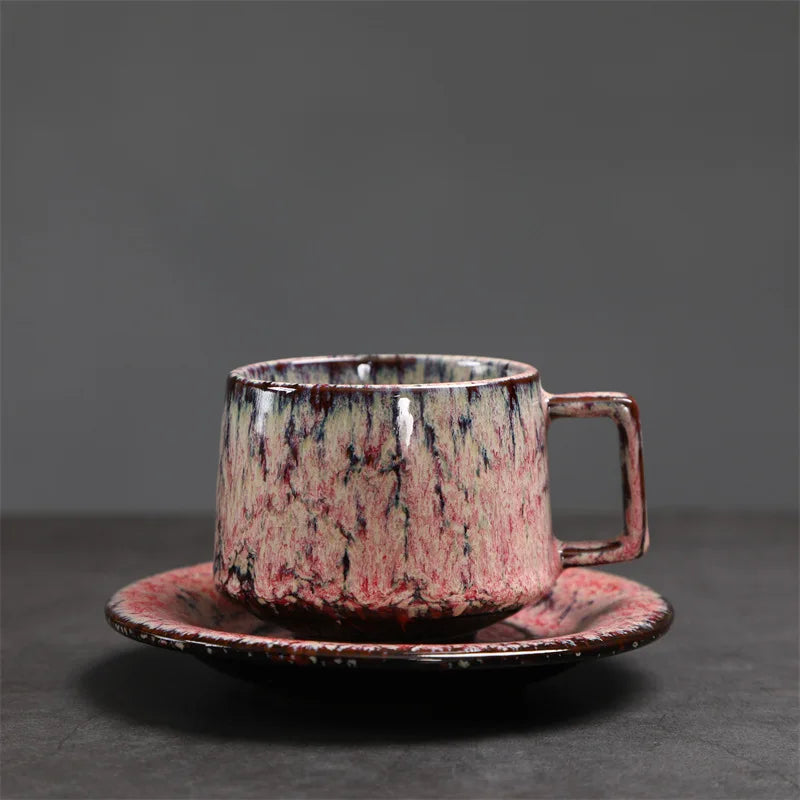 Traditional Arabic Coffee Cup and Dish Set Middle Eastern Style Kiln Transformed Coarse Ceramic Retro Handmade Mug