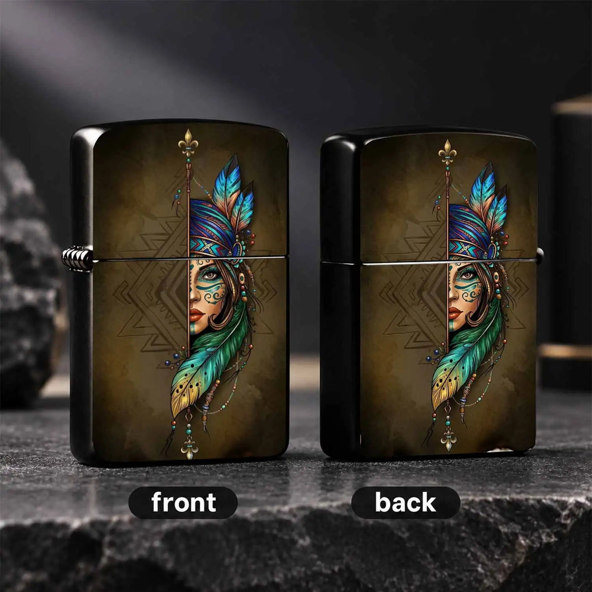 Creative Lighter with Tribal Totem Feather Half-Faced Lady Pattern Retro Art Style Decorative Igniter Portable Stylish Accessory Daily Carry Practical Item Unique Exquisite Gift for Friends Family Suitable  A Humorous and Int