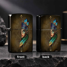 Creative Lighter with Tribal Totem Feather Half-Faced Lady Pattern Retro Art Style Decorative Igniter Portable Stylish Accessory Daily Carry Practical Item Unique Exquisite Gift for Friends Family Suitable  A Humorous and Int