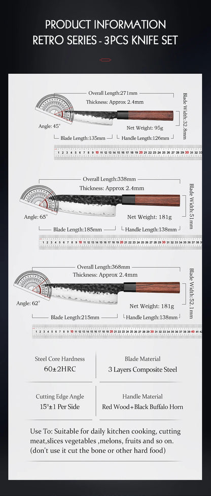 HEZHEN 1-3PC Kitchen Knife Set Chef Utility Santoku Professional Clad Steel Japanese Cook For Meat Kitchen Knife Red Wood