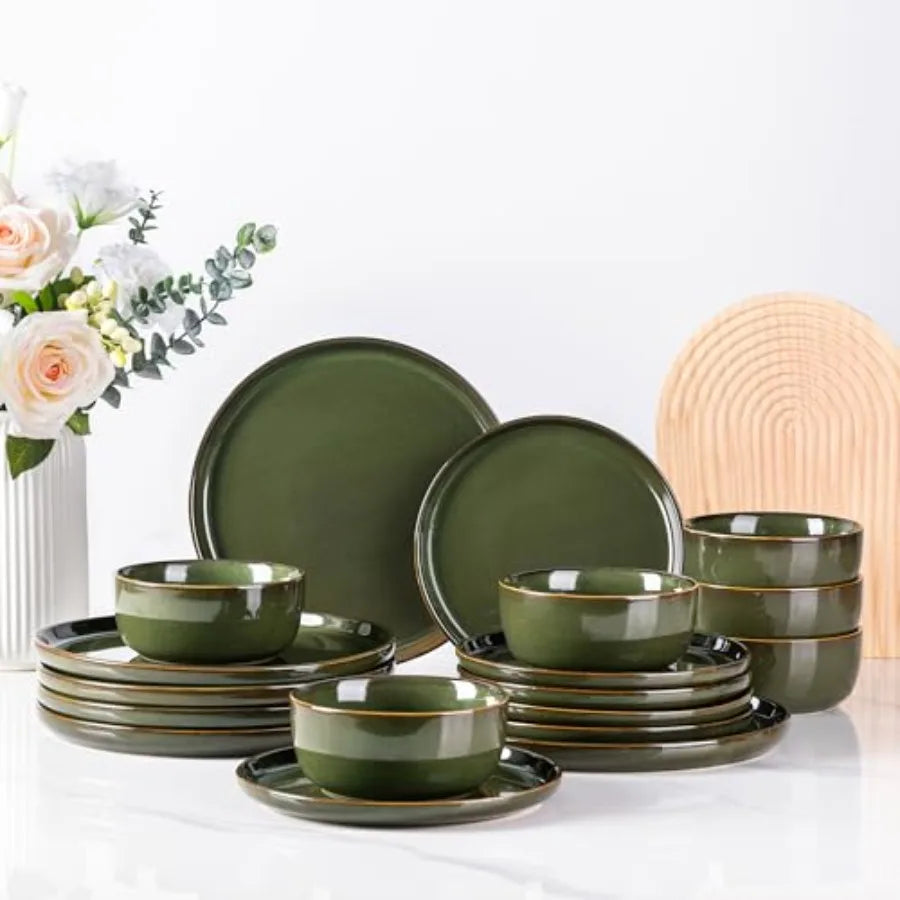 Stoneware Dinnerware Set for 8 Round Reactive Glaze Plates and Bowls Dishwasher and Microwave Safe Highly Scratch Resistant 24-