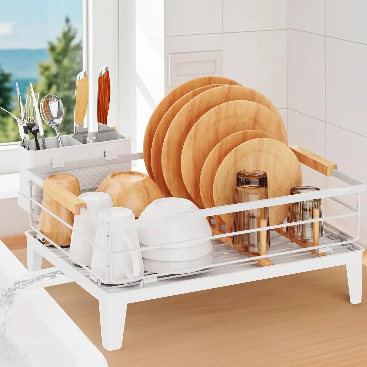 Upgrade Dish Racks for Kitchen Counter Carbon Steel Dish Drainer with Removable Cutlery Holder & Drainboard, White