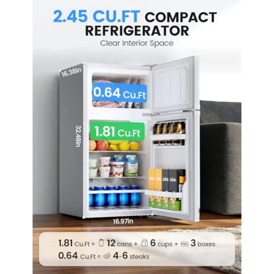 Dorm fridge with freezer for bedroom office kitchen dorm use, white plastic unit with reversible double doors and 2 removable s